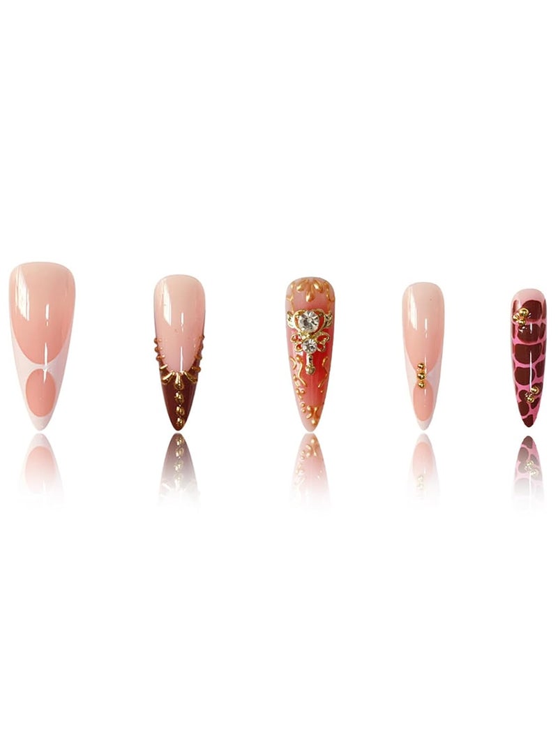 SEENEEY Almond Press on Nails Long Fake Nails French Red Artificial Nail with Rhinestones Designs Gold Charm Stick on Nail for Women 24pcs - Image 2